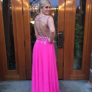 Beautifully detailed pink prom dress, open back